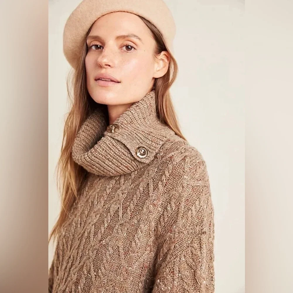 By Anthropologie Tan Corine Cable Knit Poncho Cowl Neck Sweater size XL